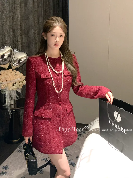 小香风名媛红色粗花呢亮丝西装外套女气质修身圆领中长款开衫