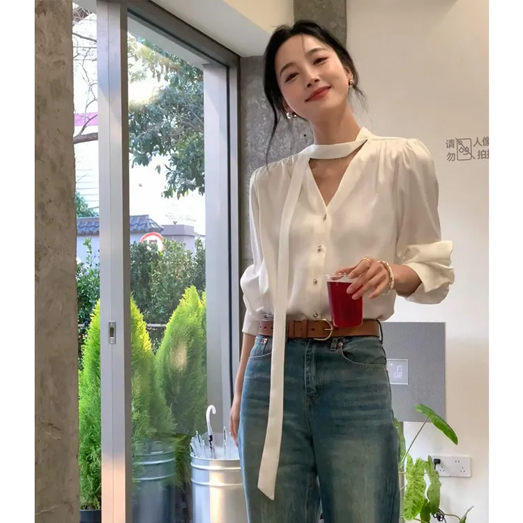 高级感白色飘带长袖衬衫气质优雅西装衬衣法式轻熟别致小众上衣女