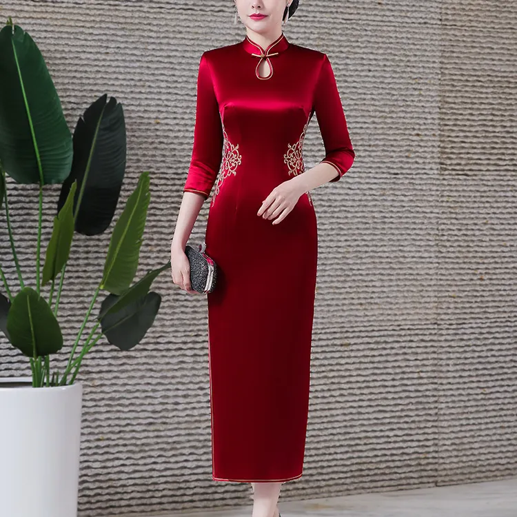 高端结婚礼妈妈礼服高贵醋酸连衣裙旗袍岳母喜婆婆婚宴装年轻春夏