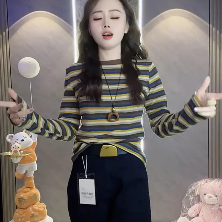 欧洲站2025早秋新款图案拼色条纹t恤女时尚洋气百搭圆领套头上衣
