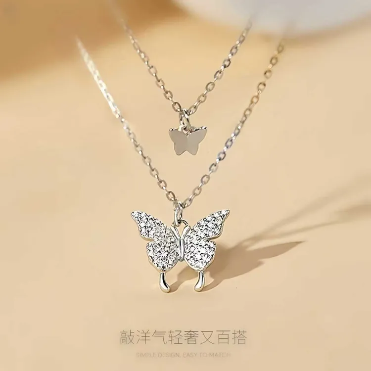 坠链均足银 足银999双层蝴蝶结项链女气质锁骨链闺蜜女友生日礼物