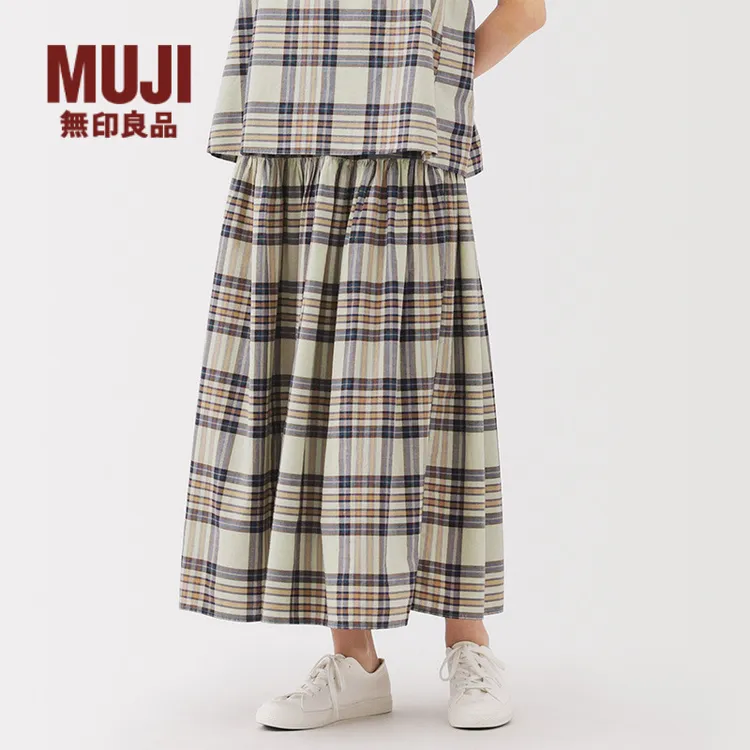 无印良品 MUJI 女式 马德拉斯格纹 宽摆裙 长半身裙女夏季款裙子