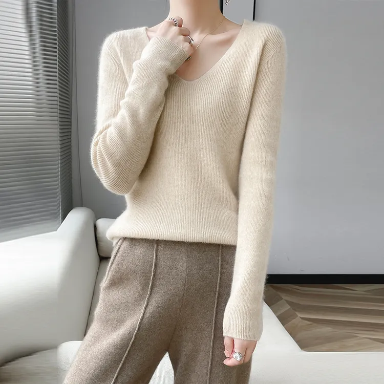 甄选100%纯羊毛长袖修身打底衫V领秋冬轻奢羊绒女针织衫 女羊毛衫