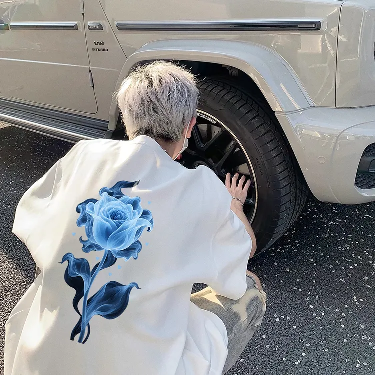重磅美式复古玫瑰印花纯棉短袖t恤男女同款夏季半袖宽松情侣上衣