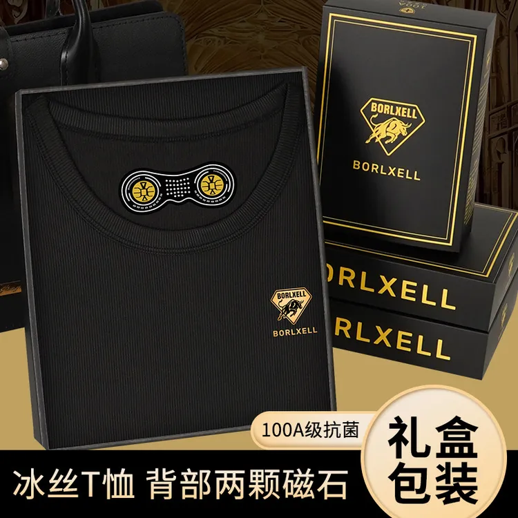 Borlxell夏季短袖男士T恤冰丝凉感100A抑菌磁石圆领半袖轻奢礼盒