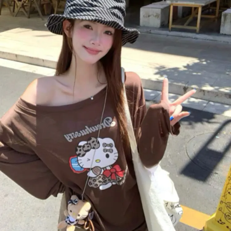 早秋辣妹设计感猫咪kt印花上衣-3333