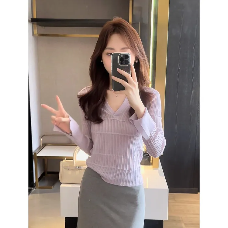 气质多巴胺紫色polo翻领上衣春秋季复古坑条修身显瘦长袖针织衫女