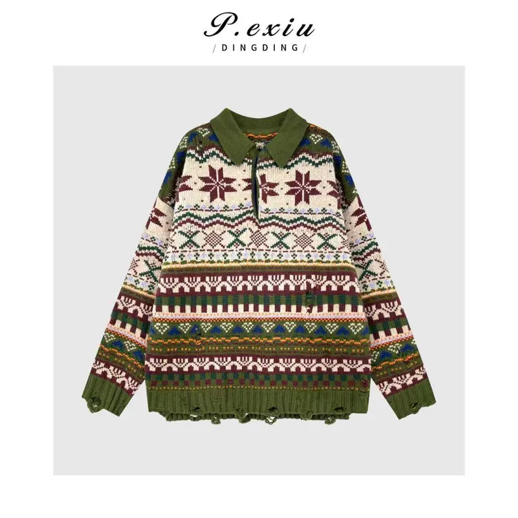 澳洲羊毛费尔岛提花磨破宽松长袖针织毛衣L2737