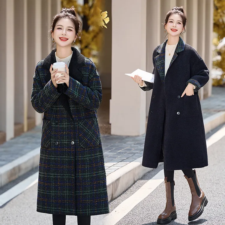 韩版格子两面穿呢子大衣女2025秋冬新款设计感气质中长款毛呢外套