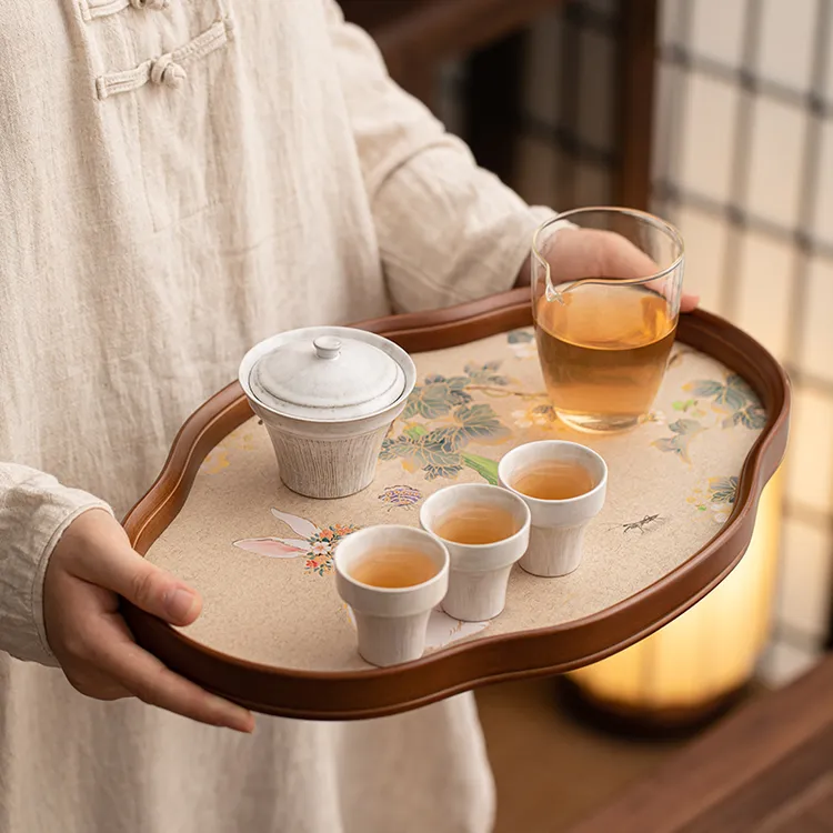 中式海棠花玻璃茶托盘可爱竹制茶盘简约家用茶室水果点心盘收纳盘