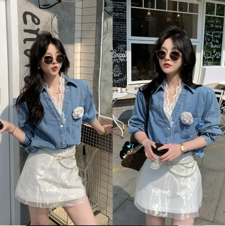 2025新款自留款V领长袖牛仔蕾丝拼接衬衫网纱拼接A字半身裙