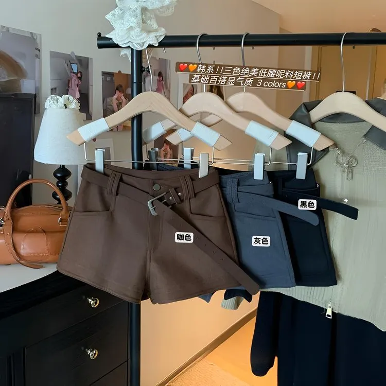 咖色毛呢加厚短裤女秋冬款高腰显瘦直筒裤美式辣妹靴裤阔腿裤热裤