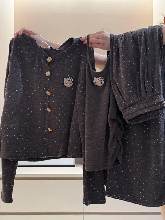 韩版卡通波点Kitty长袖睡衣女春秋季甜美少女可外穿家居服三件套