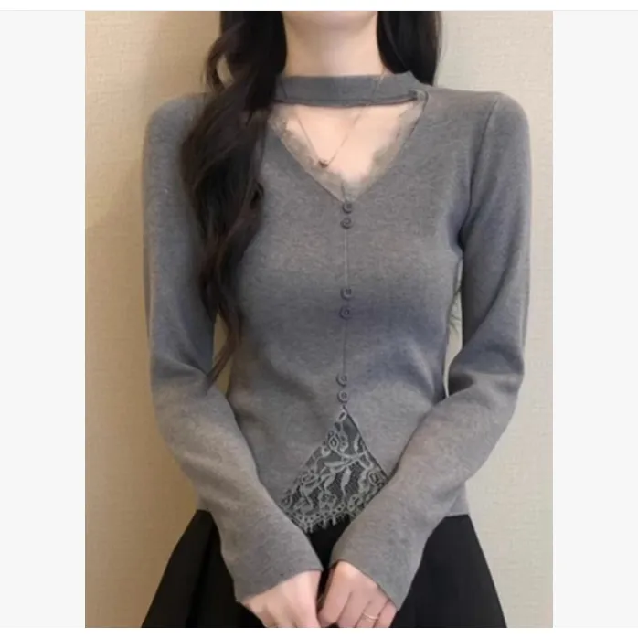 长袖常规设计蕾丝挂脖V领修身型打底衫T恤百搭小众纯欲打底9183