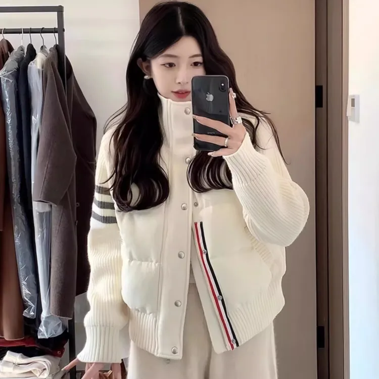 冬款韩系小个子短款棉服假二件针织拼接设计感韩版小众棉袄外套女