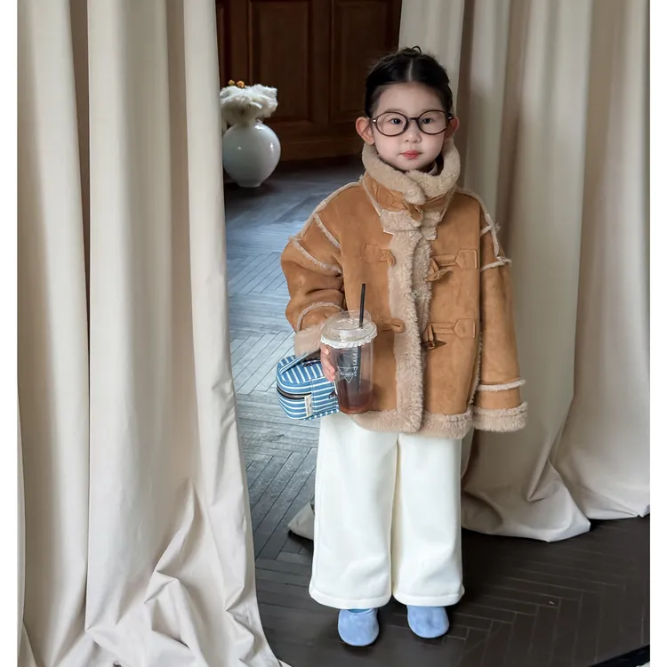 90-140女童毛毛衣外套+加绒条绒阔腿裤