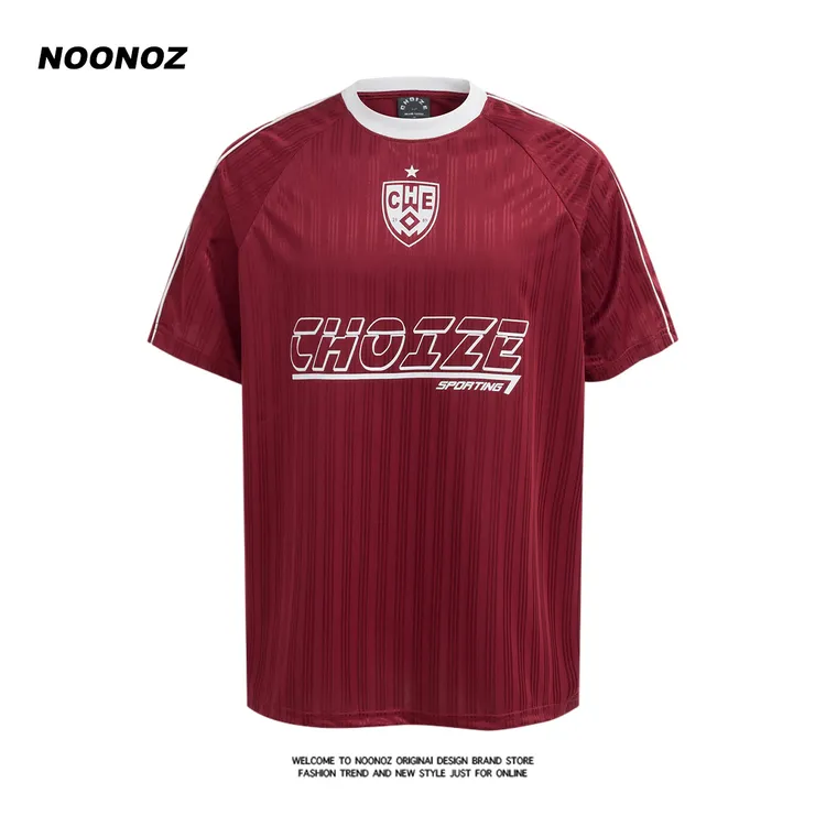 NOONOZ美式复古条纹徽章字母运动短袖球衣男夏季透气速干潮牌T恤
