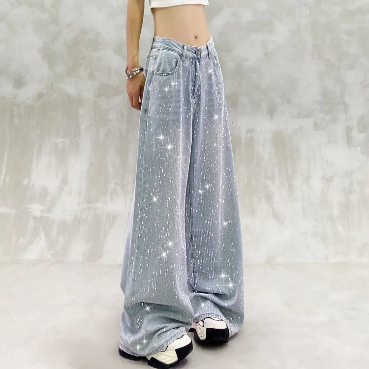 炫酷闪亮烫钻垂感休闲牛仔裤女秋新款高腰宽松显瘦百搭直筒阔腿裤