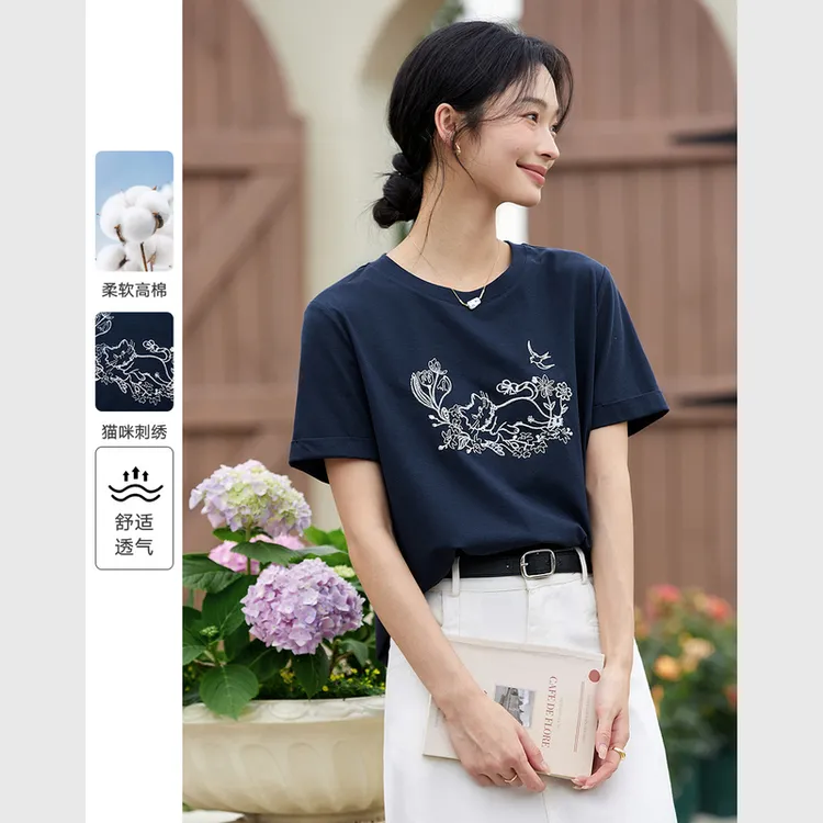 梵希蔓 圆领精致刺绣T恤女装2025年新款夏季趣味休闲萌宠短袖上衣