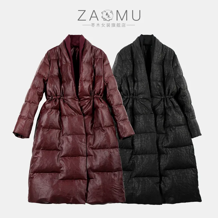 枣木100%桑蚕丝香云纱龟裂纹90白鹅绒羽绒服冬季长羽绒服