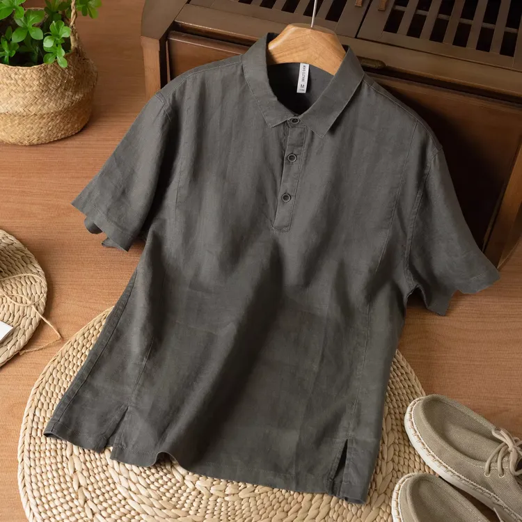 2025生活纯亚麻POLO领短袖T恤男士夏季简约纯色衬衫轻薄透气上衣