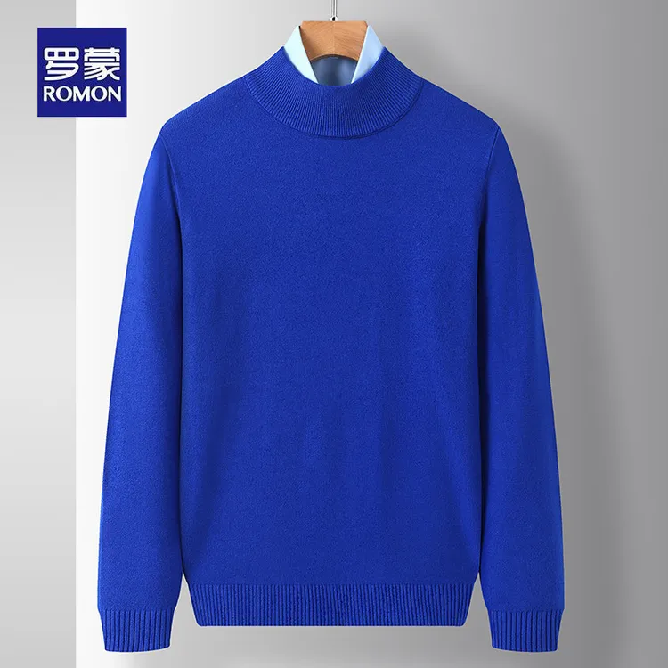 罗蒙新款半高领克莱因蓝毛衣男装针织衫中领厚款打底衫韩版潮线衣
