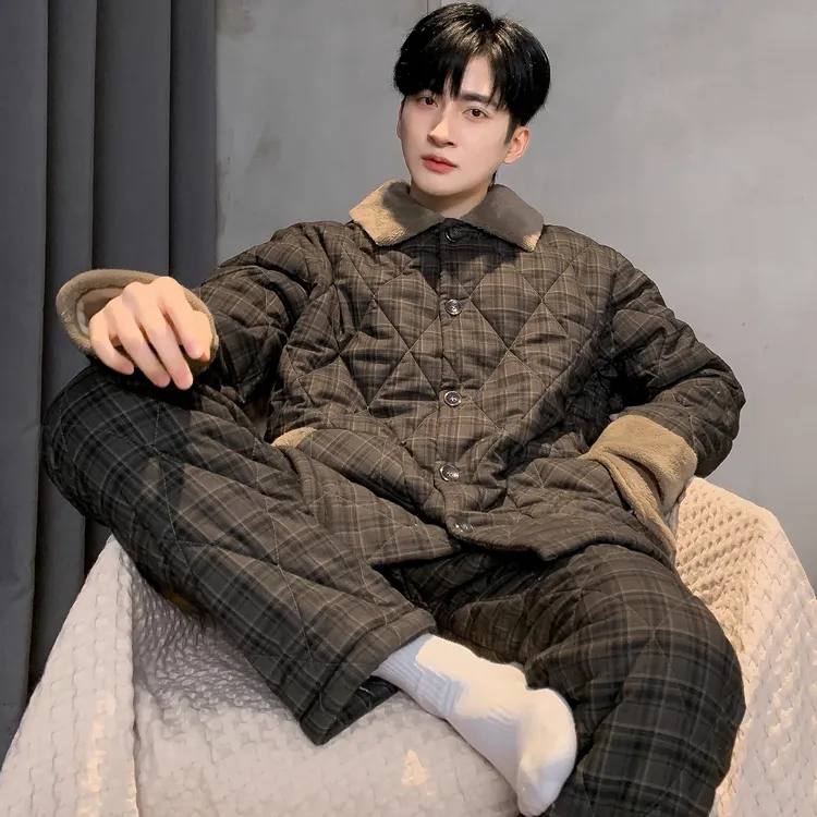 100%纯棉睡衣男士冬季三层加厚梭织夹棉秋冬款珊瑚绒高级感家居服