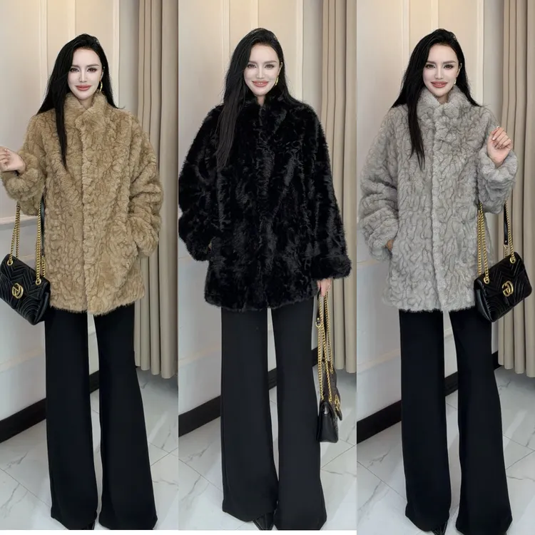 人造皮草 ADLA仿小湖羊人造皮草外套立领中长款外套802