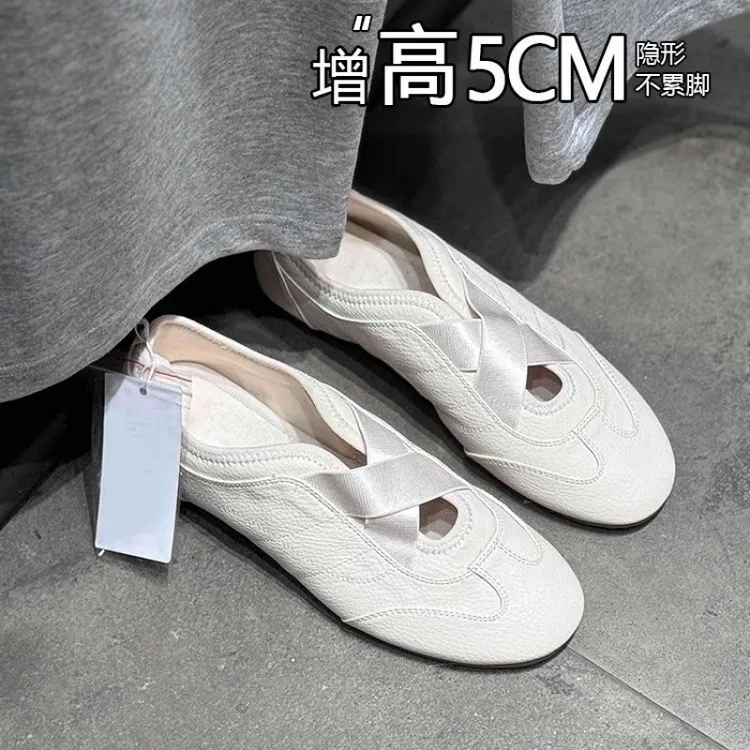 橡胶真皮内增高5cm玛丽珍鞋2025新款夏季交叉带运动芭蕾风百搭单
