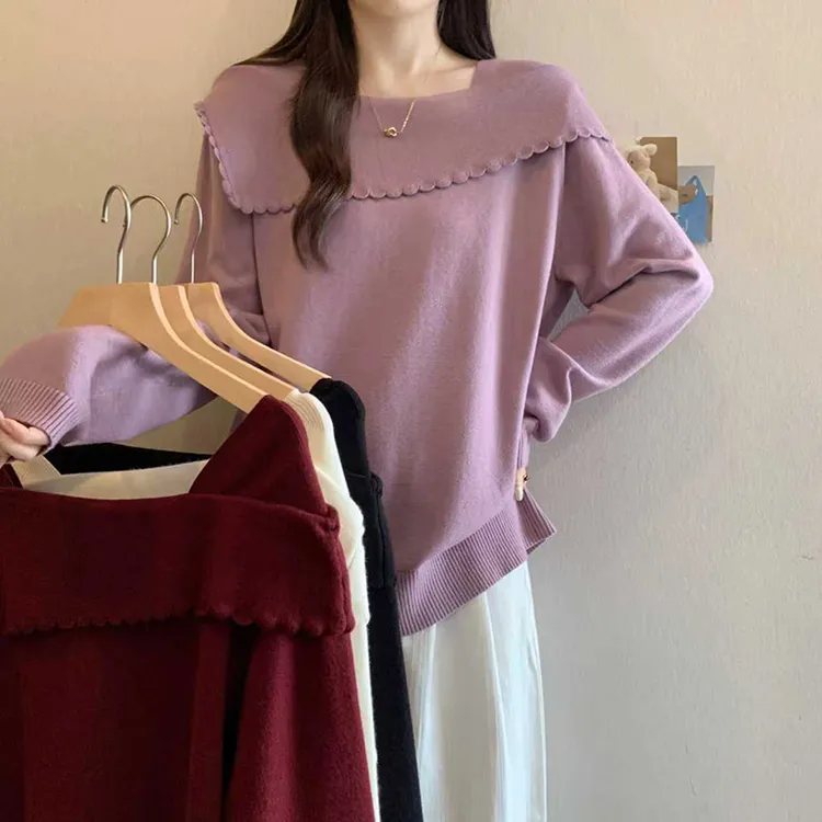 2025秋冬新款胖mm大码女韩系翻领钩花软糯长袖针织上衣 72105