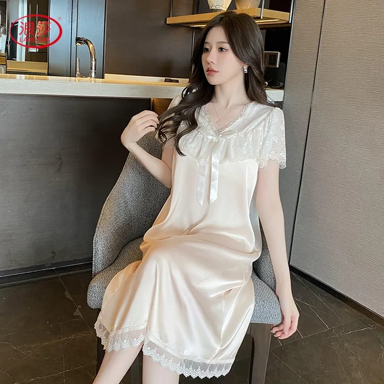 浪莎性感女士冰丝睡衣女夏季睡裙带胸垫网红轻奢高级家居服可外穿