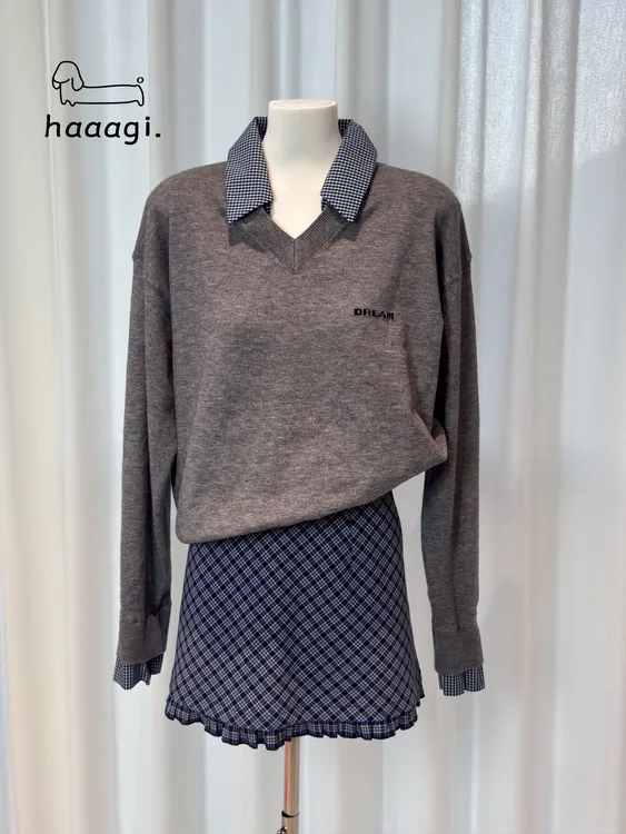 haaagi.上衣翻领针织衫长袖V领针织POLO领韩版薄款
