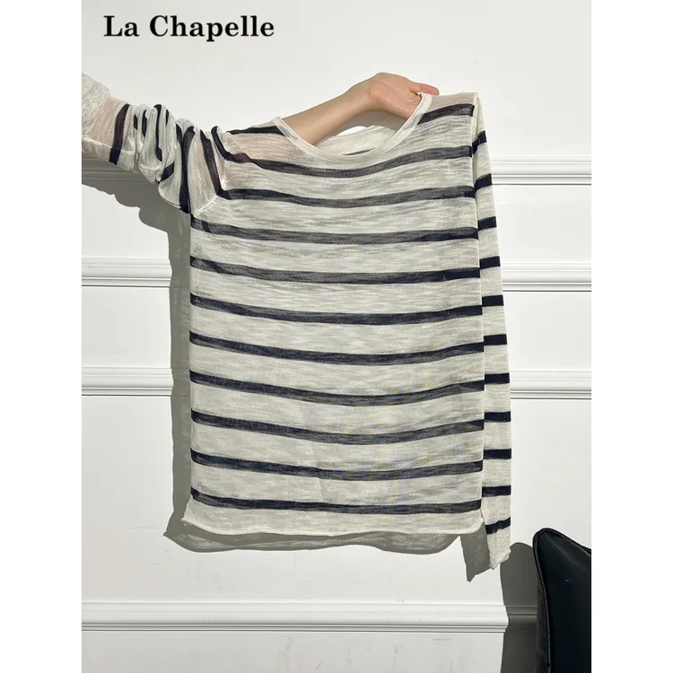 拉夏贝尔薄款条纹拼色防晒针织罩衫T恤女秋季宽松韩系chic风上衣