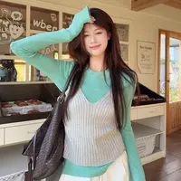 【叠穿搭档】大码秋冬胖mm百搭背心吊带+针织长袖t恤打底衫上衣套装