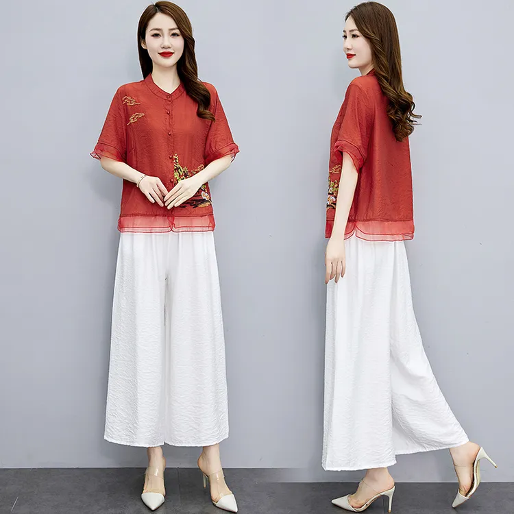 妈妈洋气新中式国风高端天丝麻上衣阔腿裤套装减龄2025年夏天两件