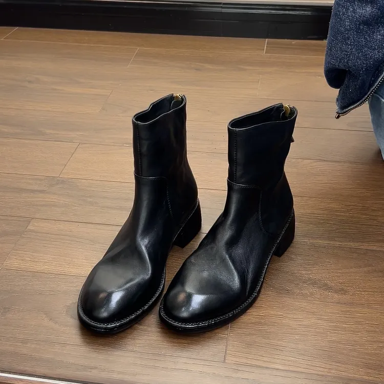 Dannyfrey秋冬新款英伦风手工牛皮百搭显瘦后拉链切尔西靴女3.5CM