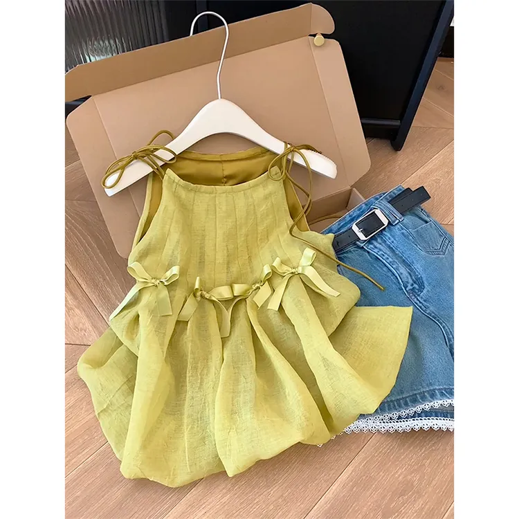 芥末黄蝴蝶结吊带背心女2025夏季新款设计感小众独特别致蓬蓬上衣