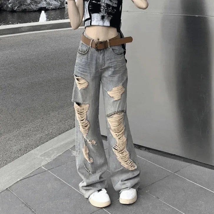 美式复古水洗重工铆钉乞丐破洞牛仔裤女夏季高腰直筒显瘦梧桐裤子
