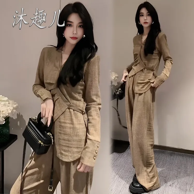 入秋穿搭一整套大码胖mm气质高级感美拉德衬衫阔腿裤盐系轻熟套装