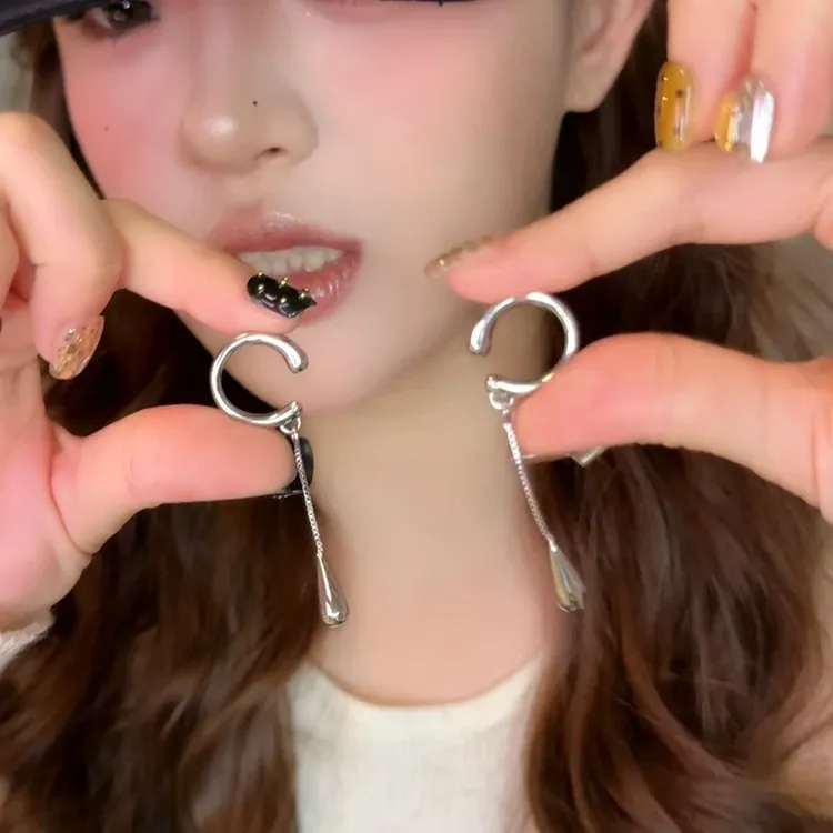 铜合金耳饰 冷淡风水滴耳夹百搭简约长款流苏链条无耳洞耳骨夹女