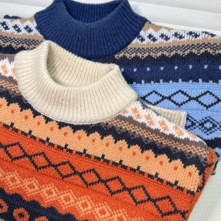 【费尔岛】秋冬新款2025复古时尚风圆领6-12岁女童潮款毛衣男童3岁