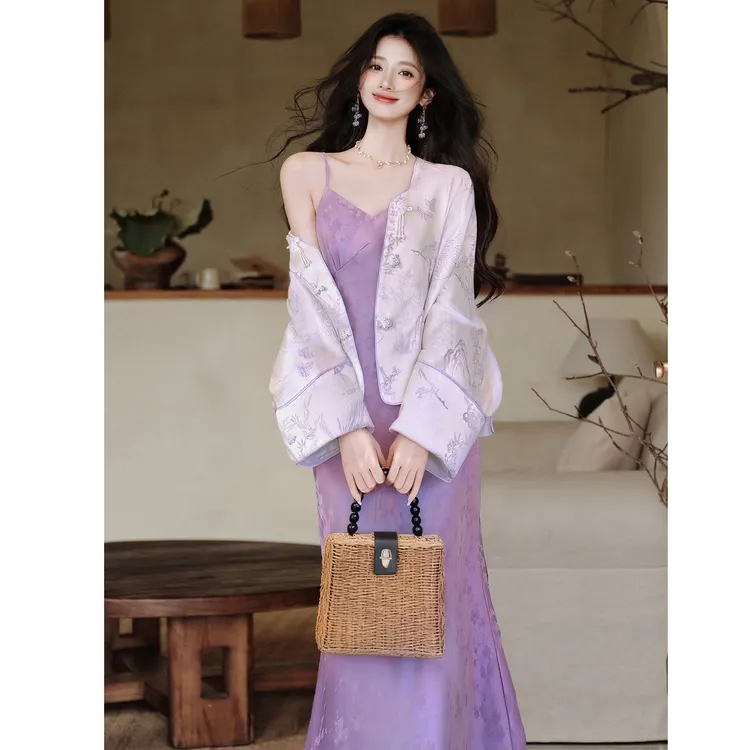 秋冬新中式国风氛围感紫色连衣裙加外套两件套装纯欲少女感套装女