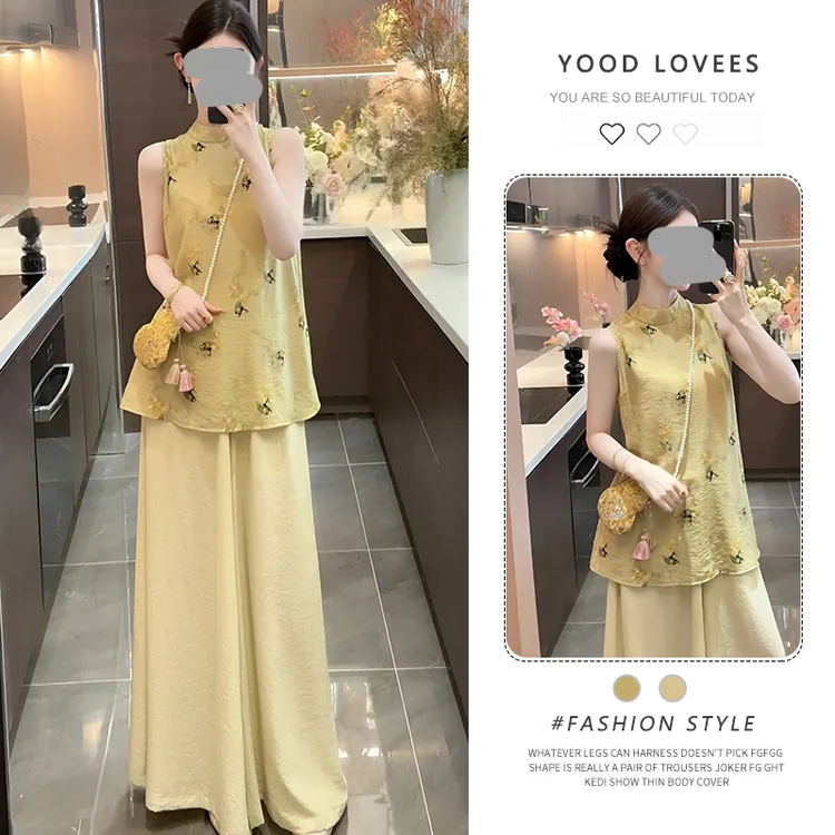 新中式国风休闲套装女宽松无袖上衣阔腿裤两件套2025夏季新款女装