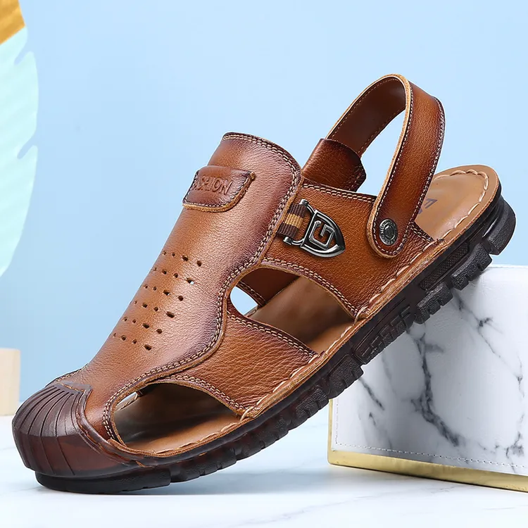 包头凉鞋男夏季新款真皮头层牛皮休闲沙滩牛筋底耐磨防滑两用凉拖