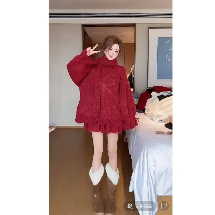 曼曼【蝶尾恋语】立体蝴蝶结套头针织围巾毛衣半身裙三件套装10092#