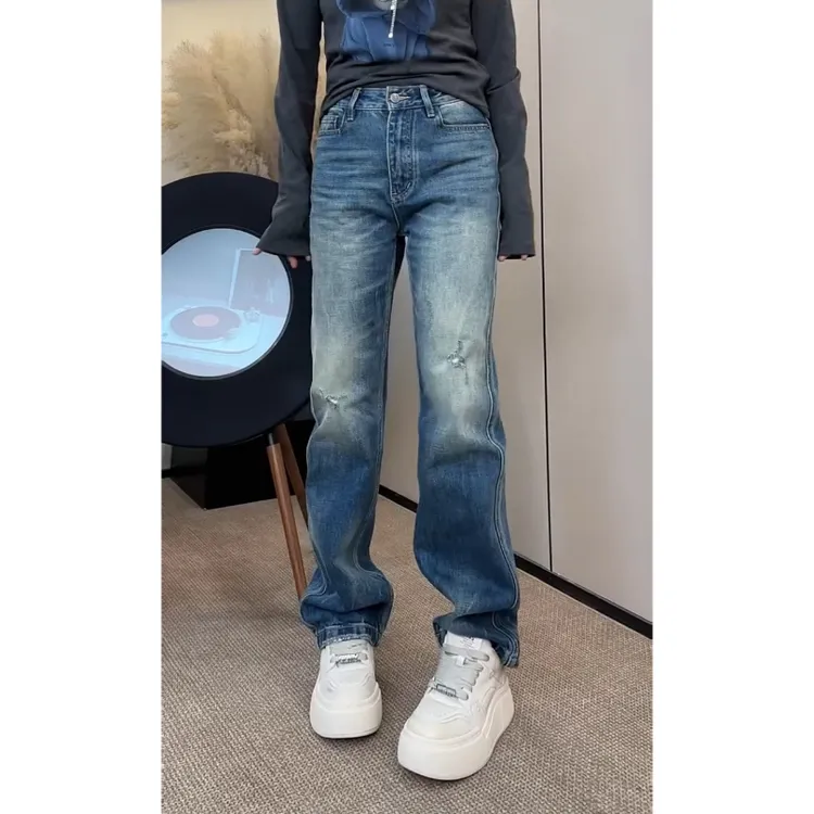 Aimeerosa/艾洛莎牛仔裤高腰显瘦长裤春季潮流百搭水洗破洞直筒裤