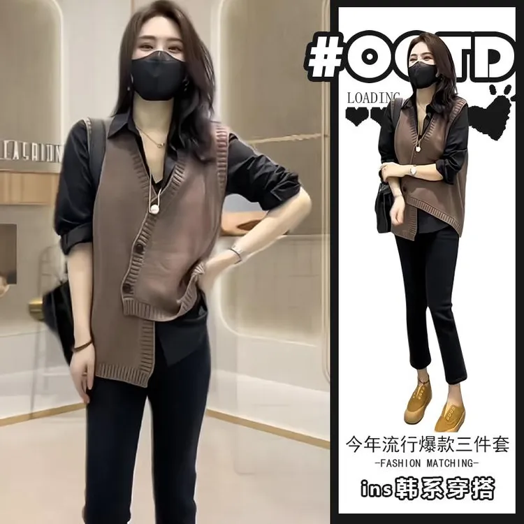 2024春秋季新款轻熟风女装马甲衬衫时尚气质显瘦休闲裤子搭配套装