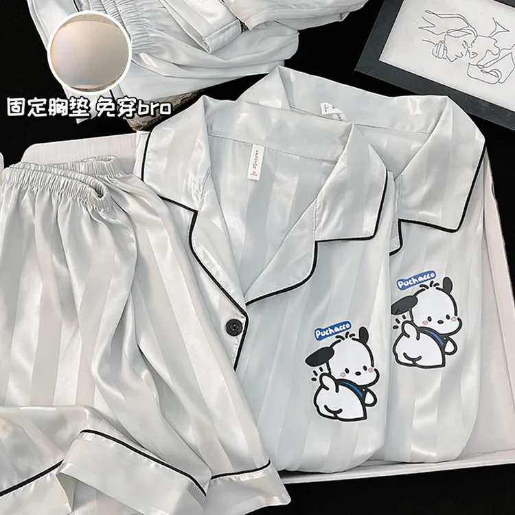 冰丝情侣三件套睡衣女带胸垫夏季薄款短袖帕恰狗高级感男士家居服