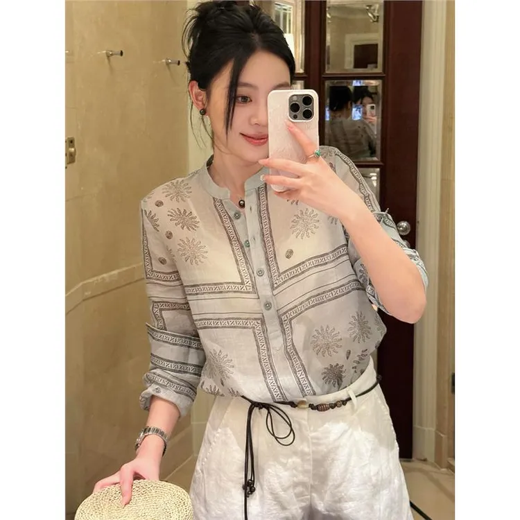2025夏季新款法式气质女士上衣独特漂亮别致印花灰色亚麻衬衫