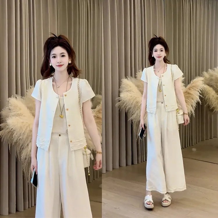 气质时尚减龄高级感一整套镂空马甲短袖阔腿哭夏季穿搭三件套